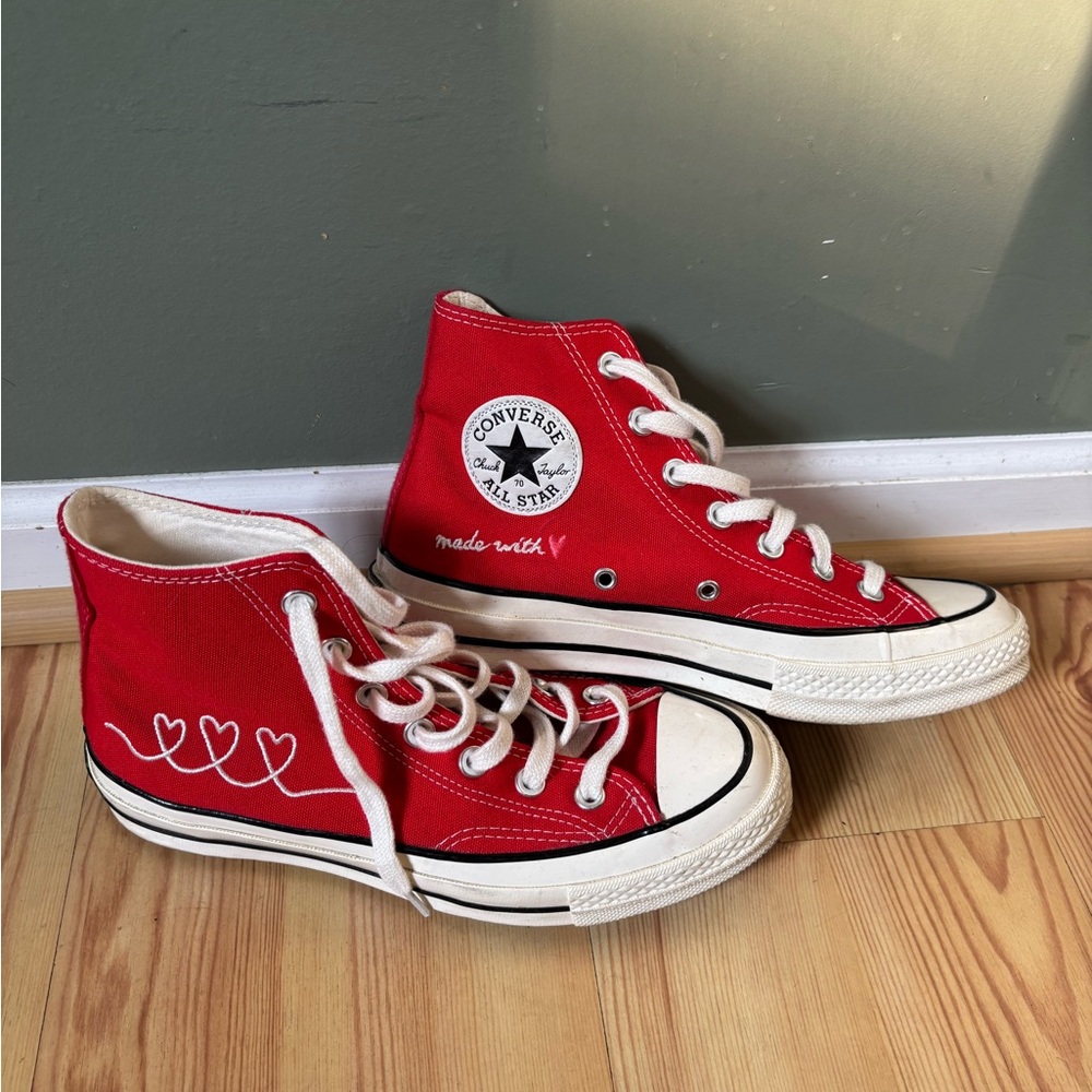 Women’s Made With Love Converse Red High-Tops with Heart Design Embroidered